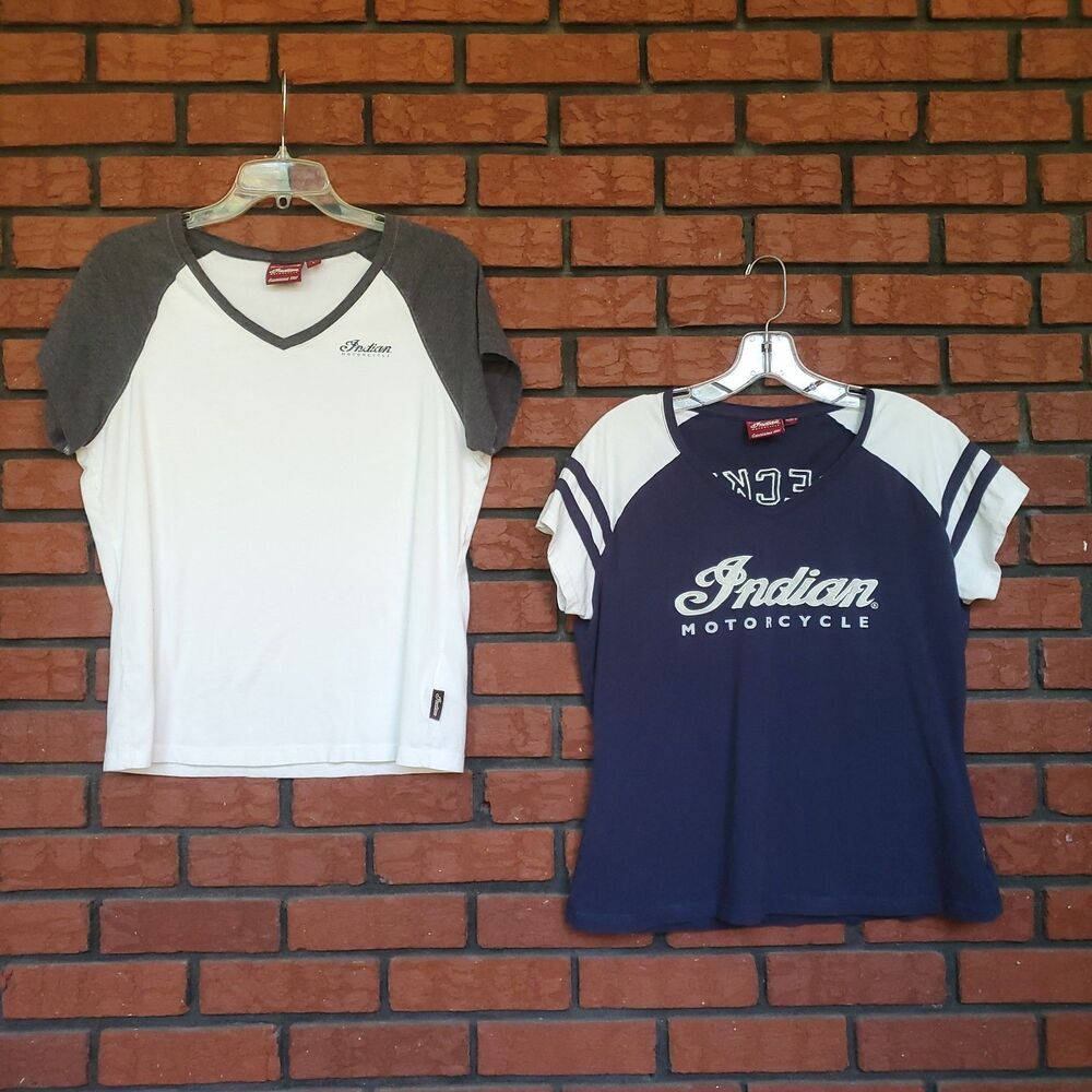 Lot of 2 Indian Motorcycle Raglan T-Shirt Womens L Short Sleeve Cotton V Neck